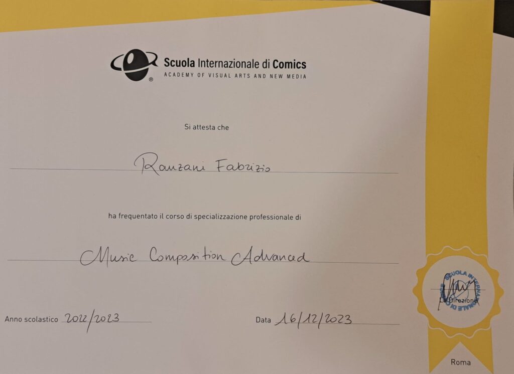 Certificato di specializzazione professionale in Composizione Musicale Avanzata rilasciato a Ranzani Fabrizio dalla Scuola Internazionale di Comics, anno scolastico 2022/2023.